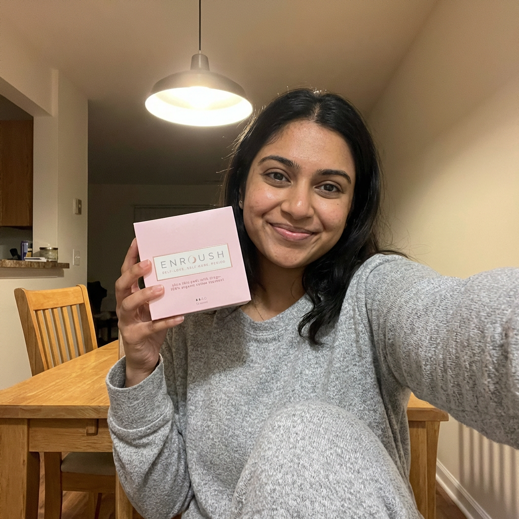 Smiling Enroush customer holding product packaging